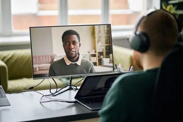 Man attending online mediation Tameside MIAMS session